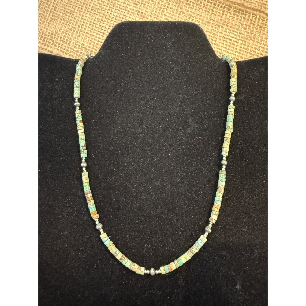 Turquoise Heishi Bead Necklace Sterling Silver 925 Southwestern 16 Inch Green